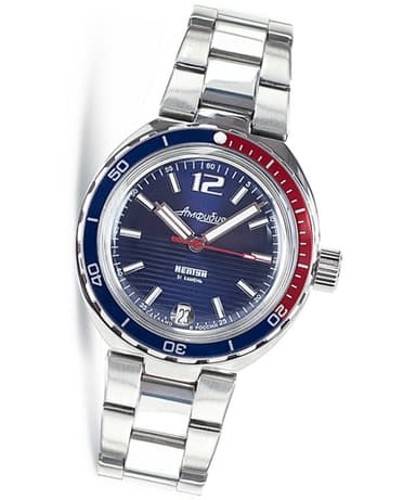 Russische Automatikuhr &quot;AMPHIBIA NEPTUN&quot; mit Glasboden von VOSTOK, Edelstahl, poliert, ø40mm 2416 / 960759 S2
